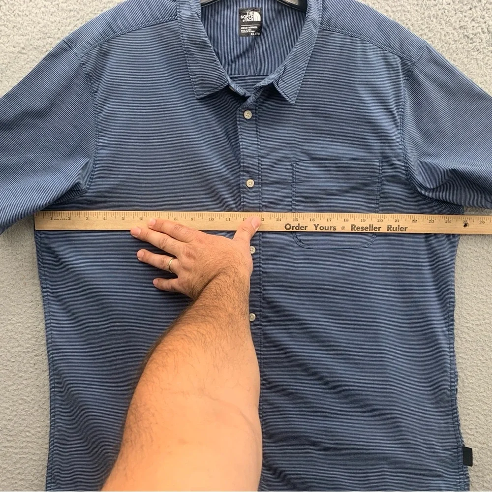 The North Face Men Short Sleeve Blue Gray Striped Pocket Button Up Shirt Size XL